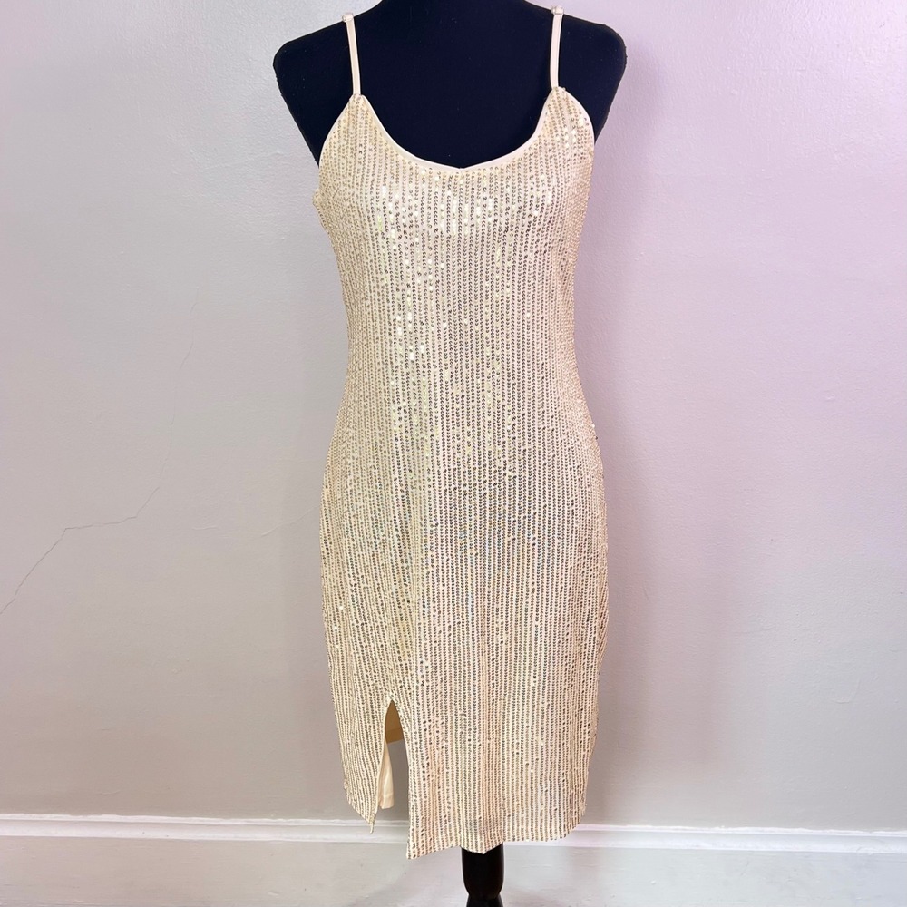 Anna-Kaci Sequin Midi Dress L Gold Sparkle Shine Bodycon Slit Cocktail Party